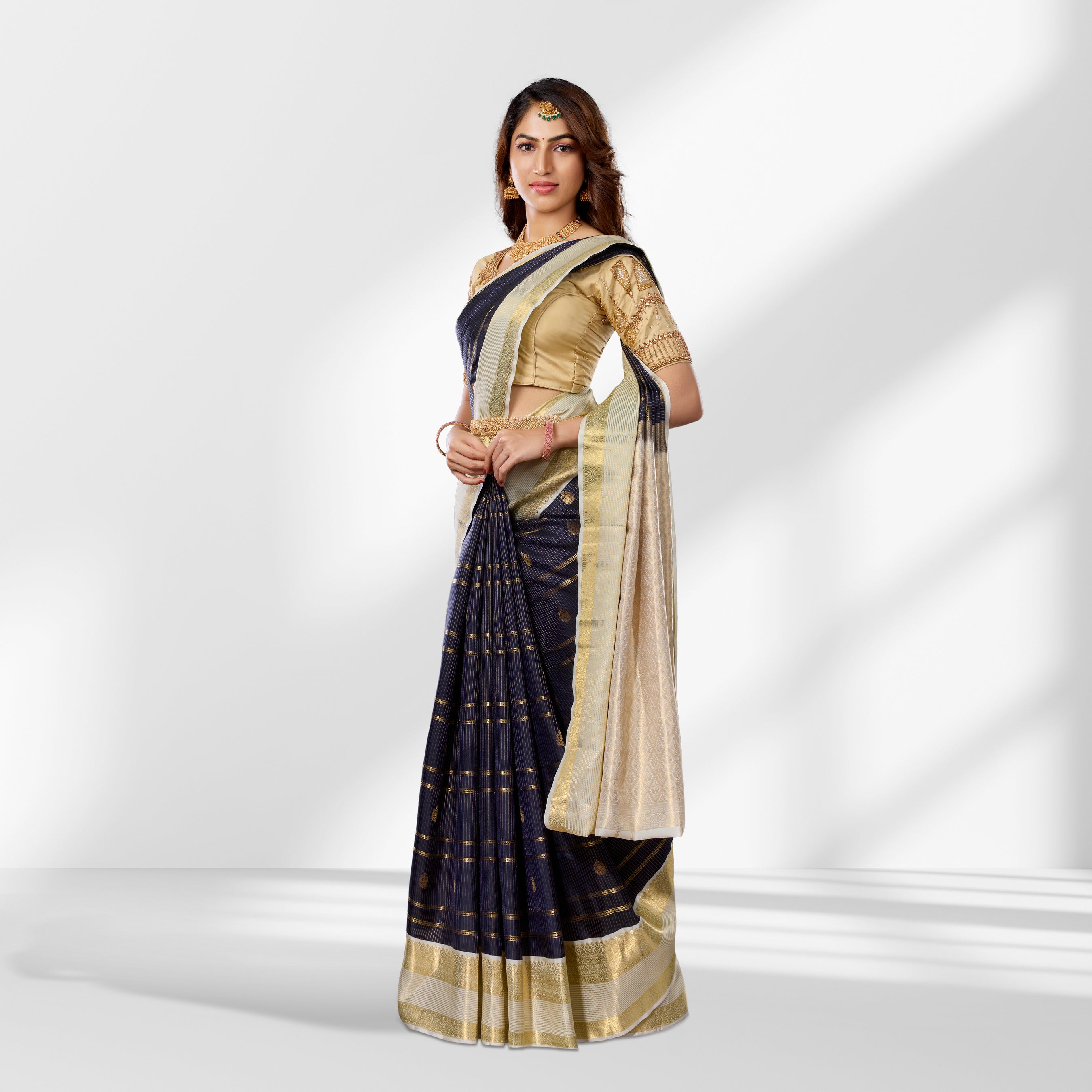 Classic Navy Blue & Gold Kanchipuram Silk Saree