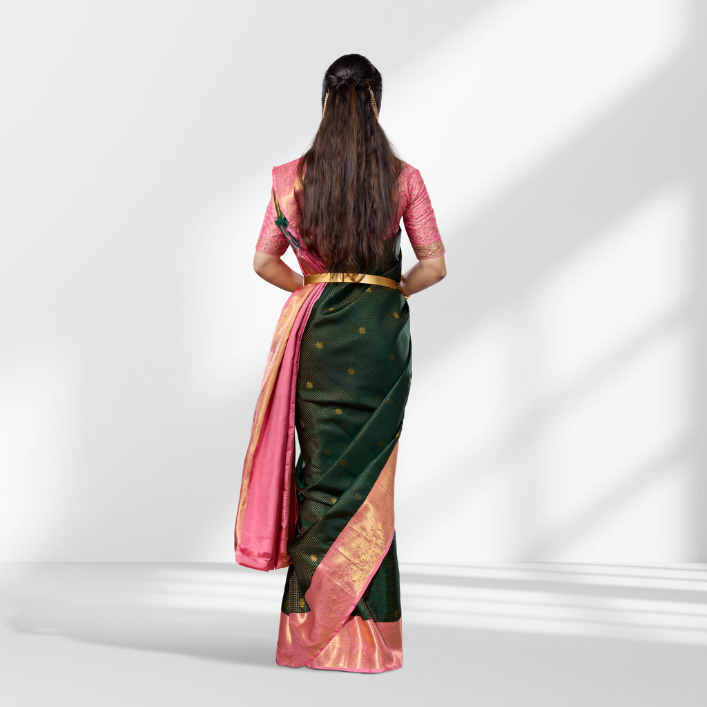 Elegant Bottle Green & Peach Kanchipuram Silk Saree