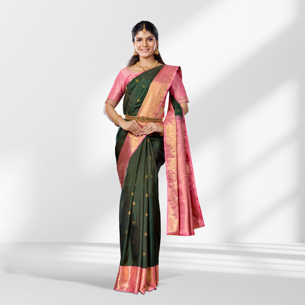 Elegant Bottle Green & Peach Kanchipuram Silk Saree