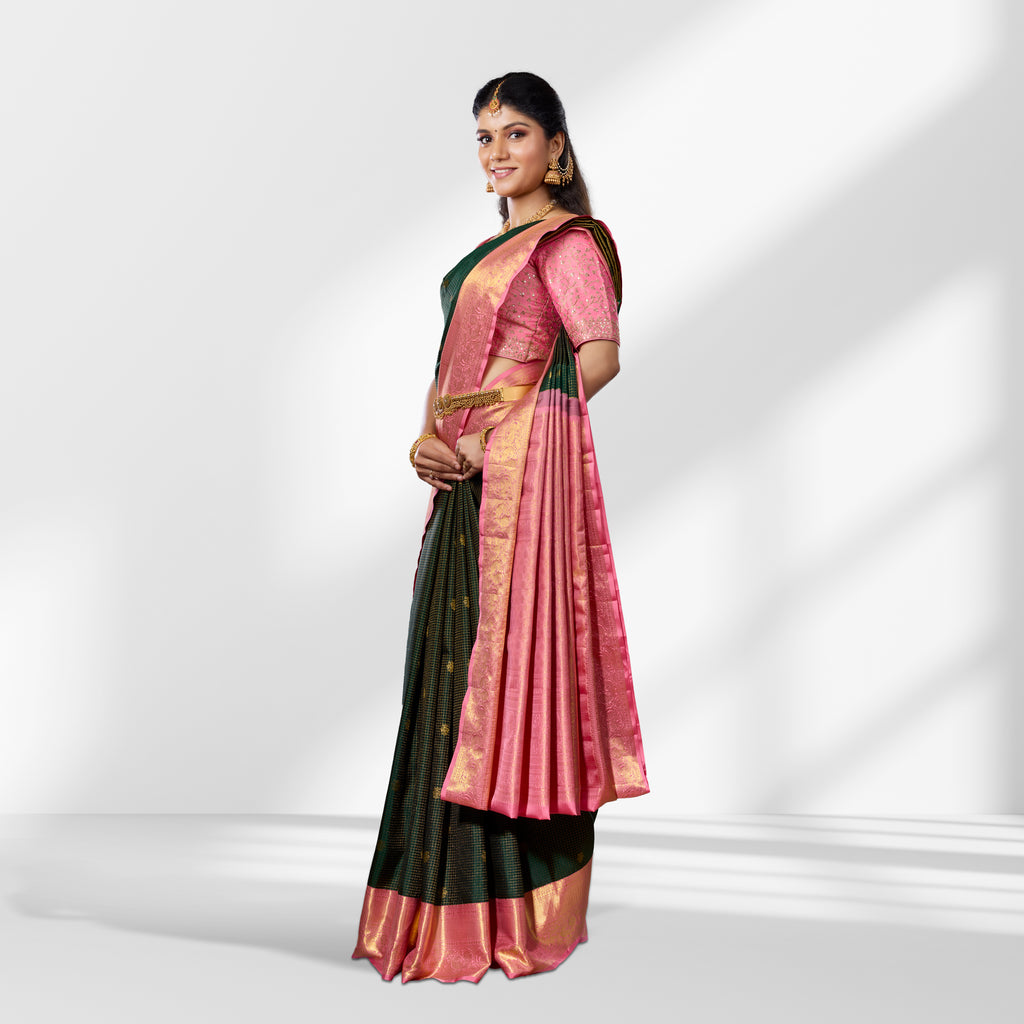 Elegant Bottle Green & Peach Kanchipuram Silk Saree