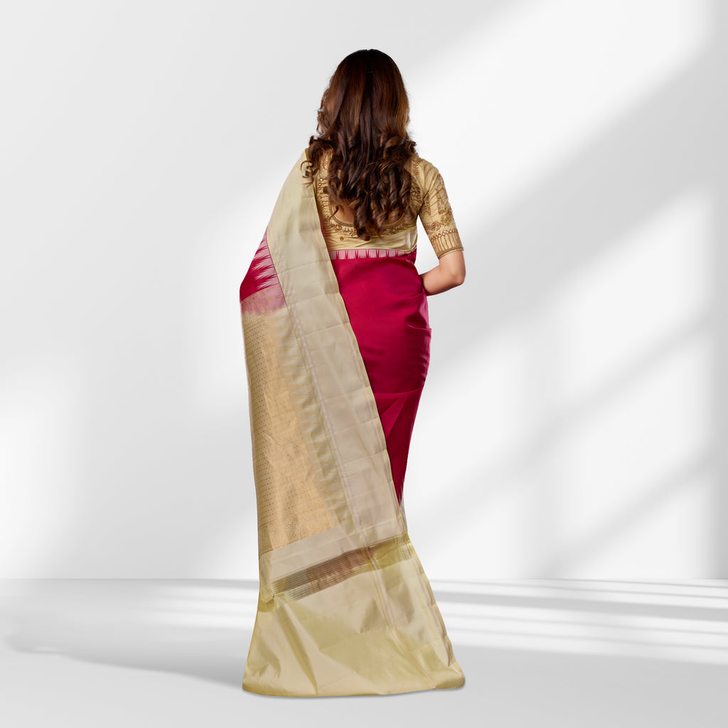 Red & Gold Kanchipuram Silk Saree with Contrast Cream Border
