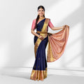 Navy Blue Kanchipuram Silk Saree with Gold Zari Border & Peach Pallu