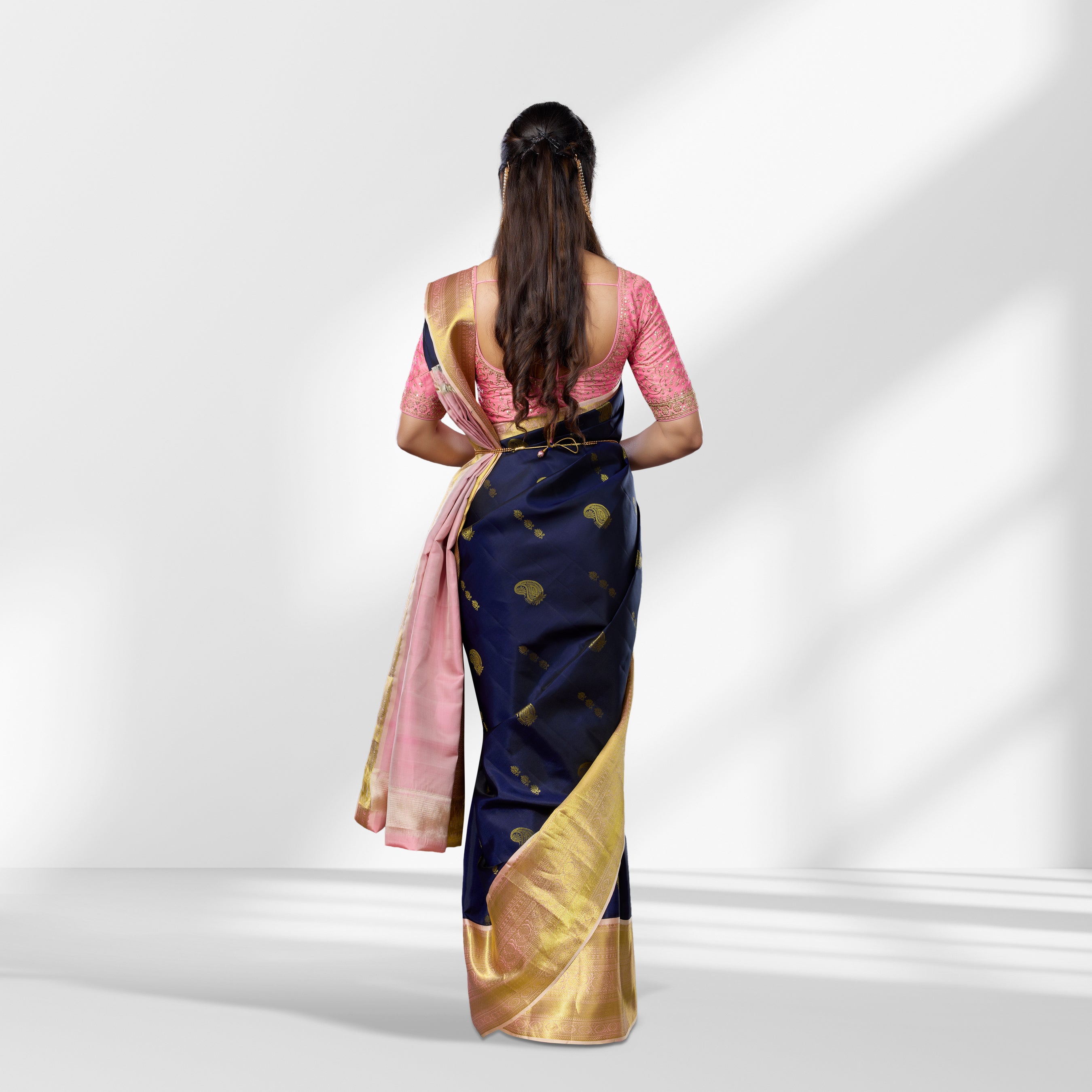 Navy Blue Kanchipuram Silk Saree with Gold Zari Border & Peach Pallu