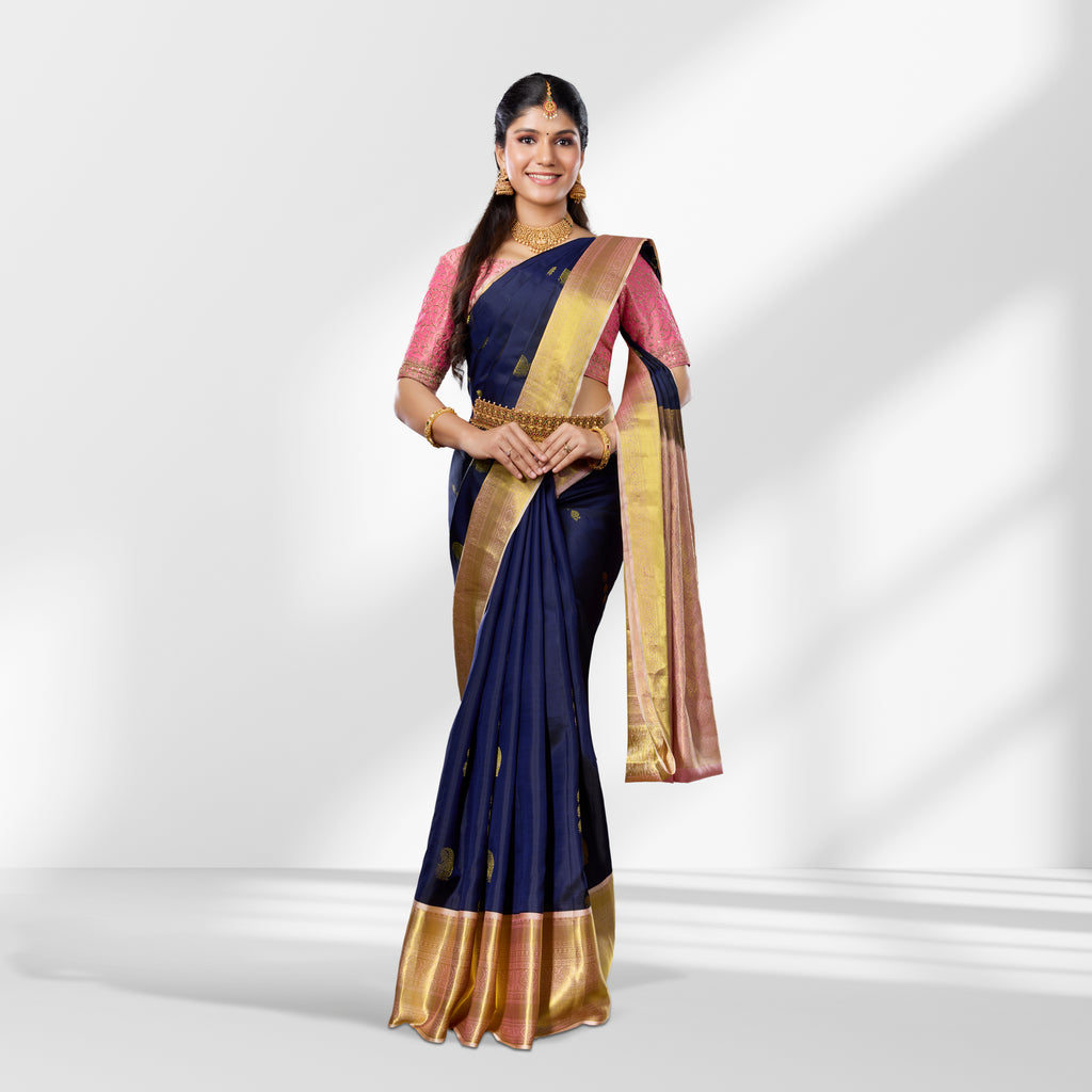 Navy Blue Kanchipuram Silk Saree with Gold Zari Border & Peach Pallu