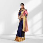 Navy Blue Kanchipuram Silk Saree with Gold Zari Border & Peach Pallu