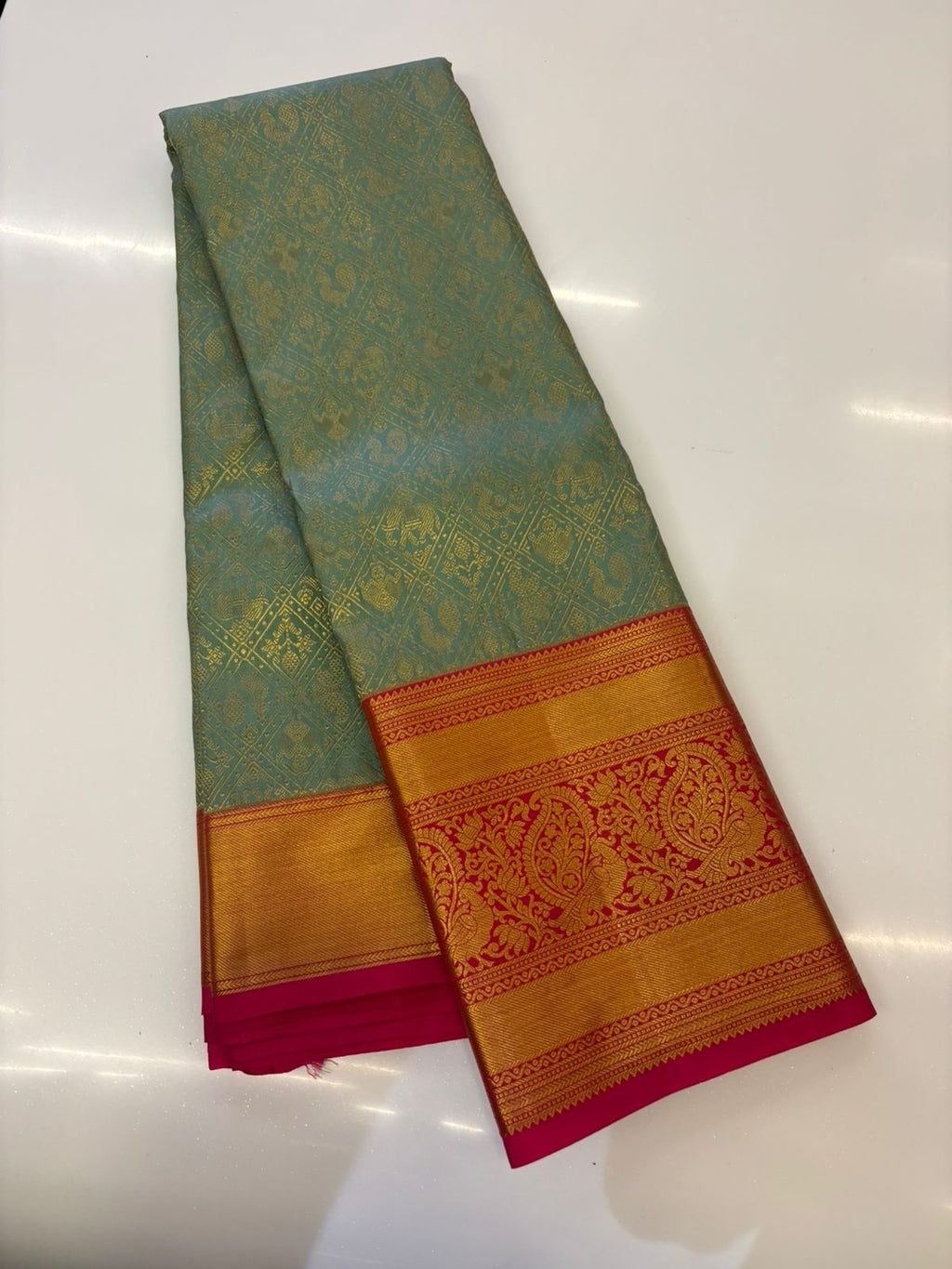 Elegant Teal & Crimson Kanchipuram Silk Saree with Traditional Zari Work