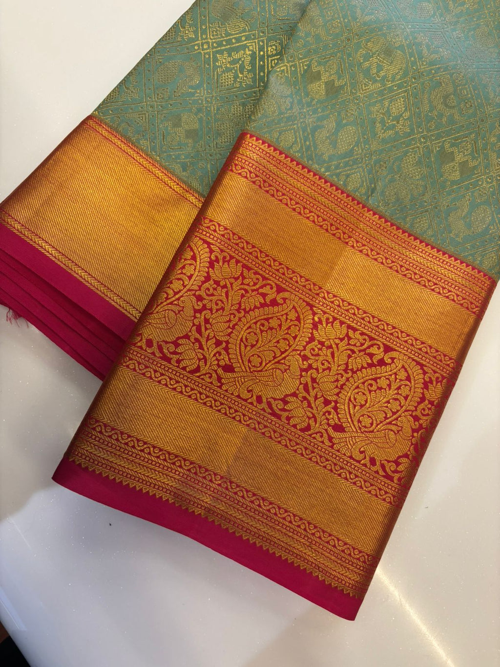 Elegant Teal & Crimson Kanchipuram Silk Saree with Traditional Zari Work