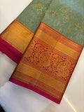 Elegant Teal & Crimson Kanchipuram Silk Saree with Traditional Zari Work