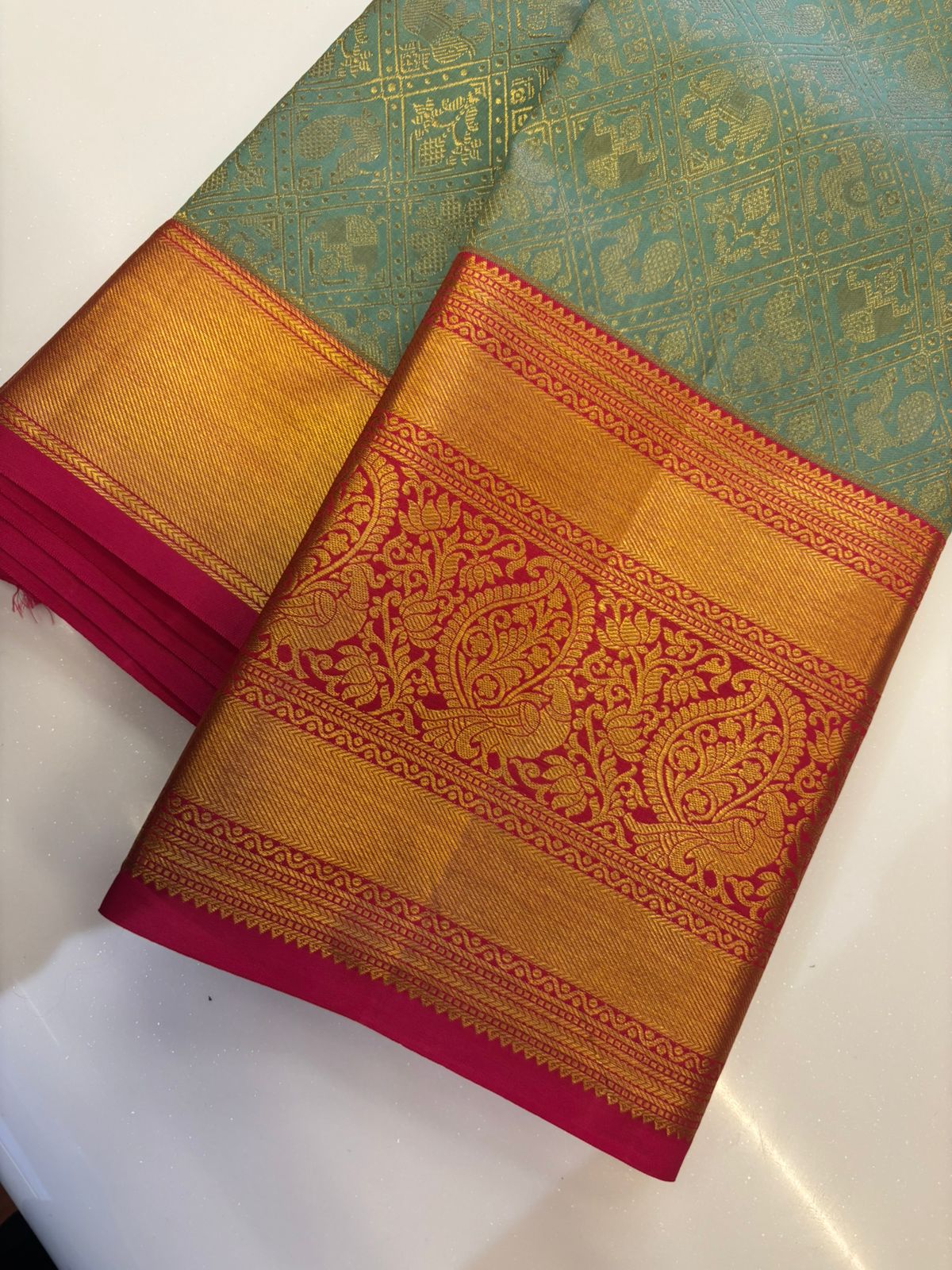 Elegant Teal & Crimson Kanchipuram Silk Saree with Traditional Zari Work